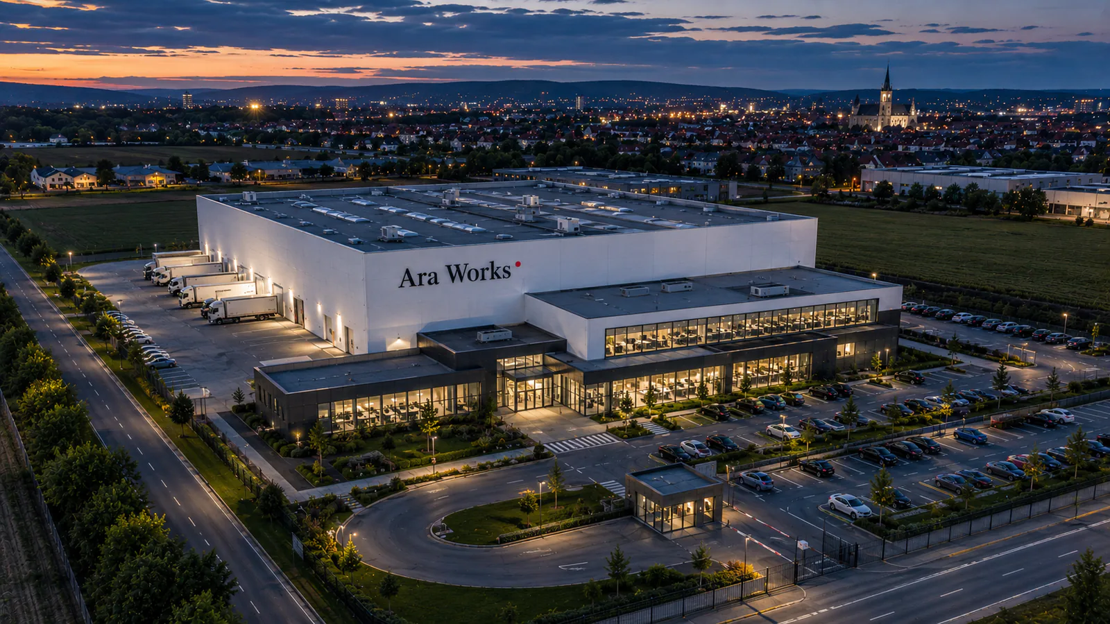 Aerial view of the Ara Works production facility at dusk