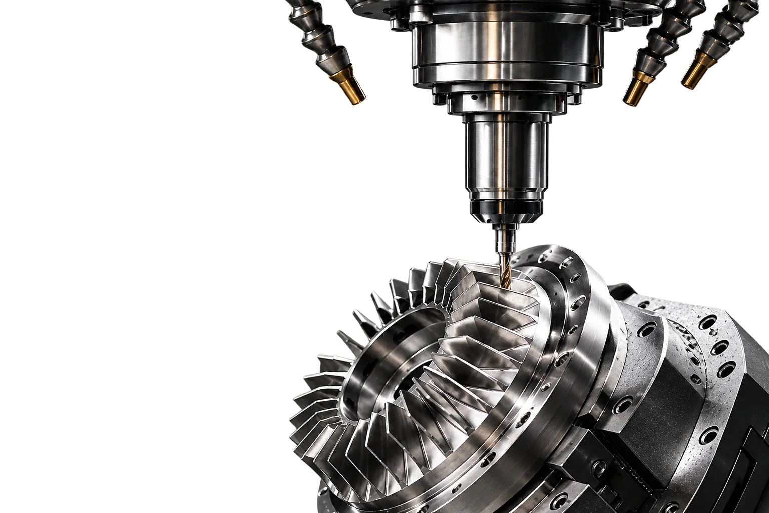 A five-axis machining centre cutting a bladed rotor