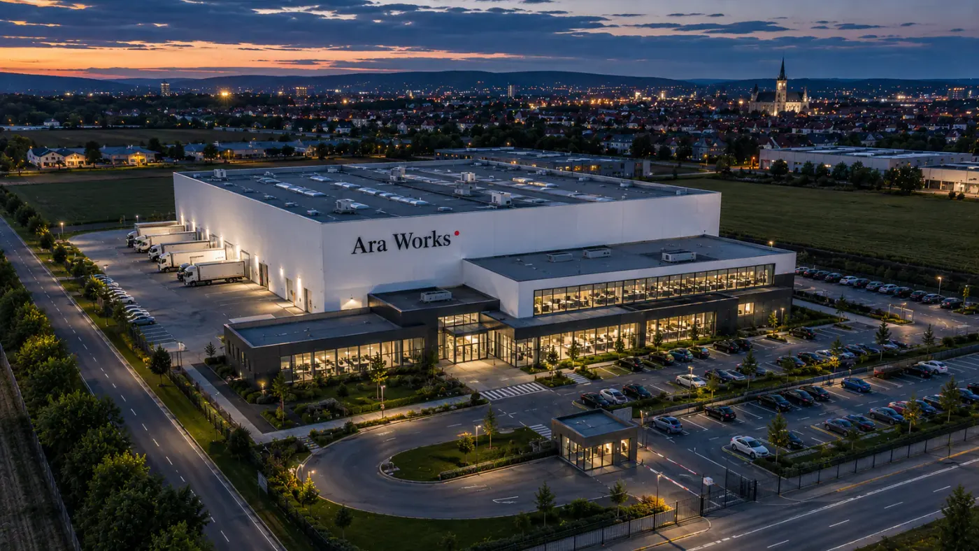 Ara Works production facility at dusk