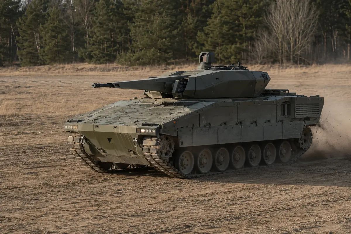 A tracked armoured vehicle crossing a military proving ground