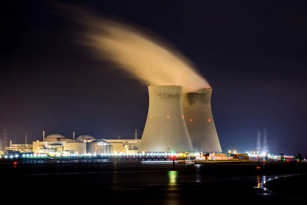 A nuclear power station operating at night