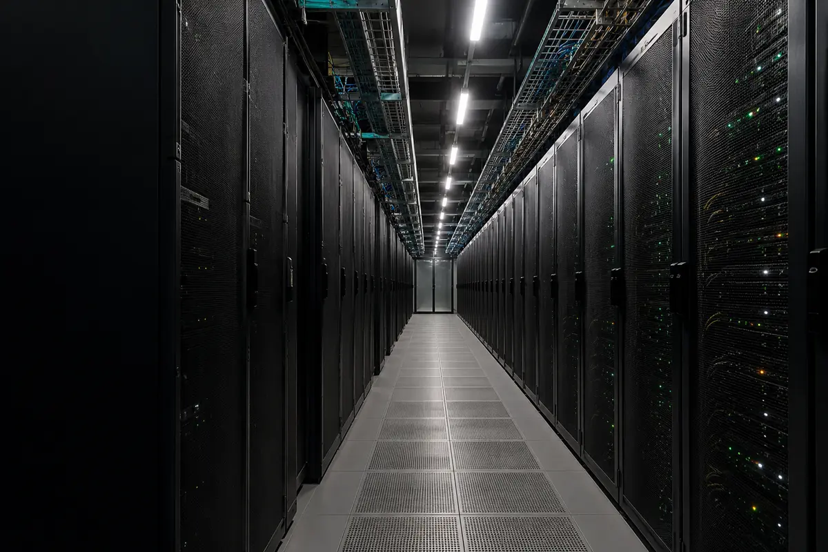 A high-density data centre with orderly server racks